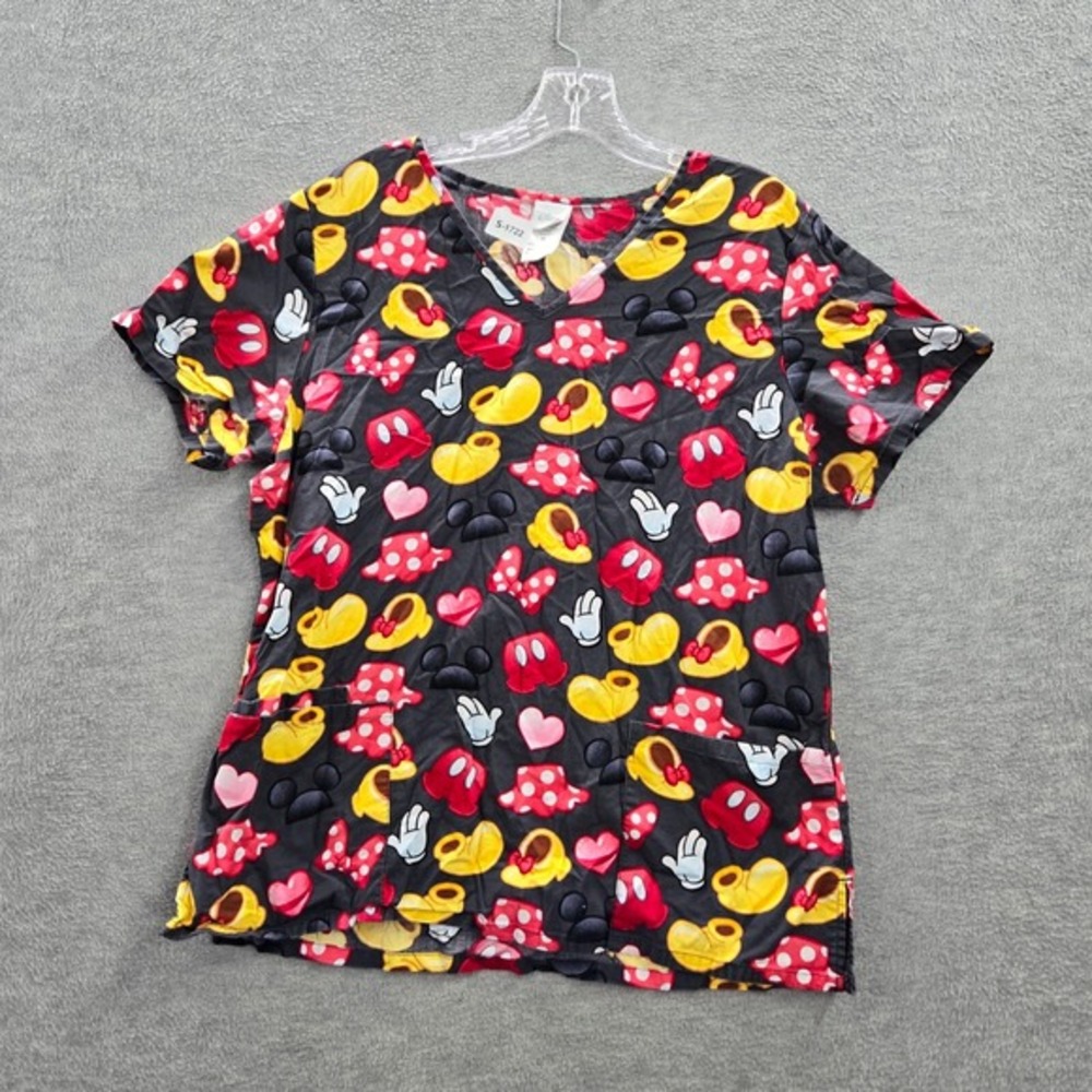 Disney Women Scrub Top Medium Black Minnie Mouse Allover Print Short Sleeve